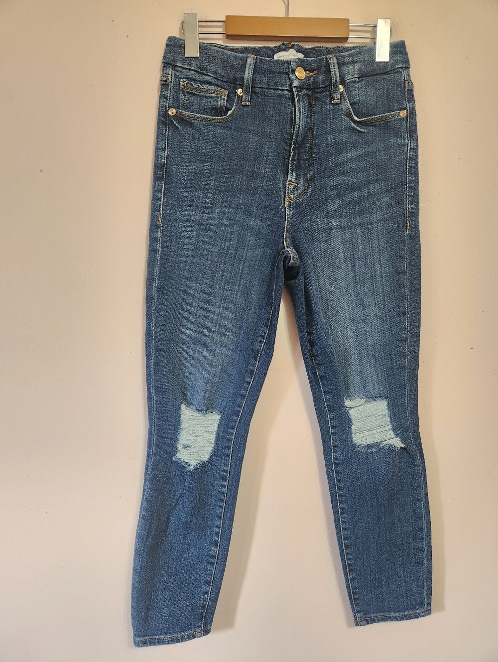 GOOD AMERICAN High Rise Distressed Skinny Jeans Indigo Blue Size 28 / 6 Chic Y2K